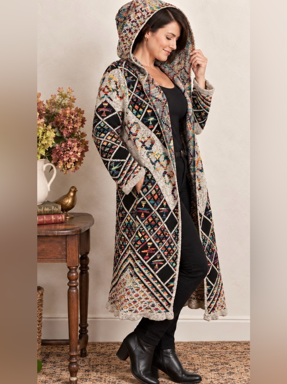 Boho Tapestry Knit Hooded Long Duster Cardigan Geometric Multicolor M